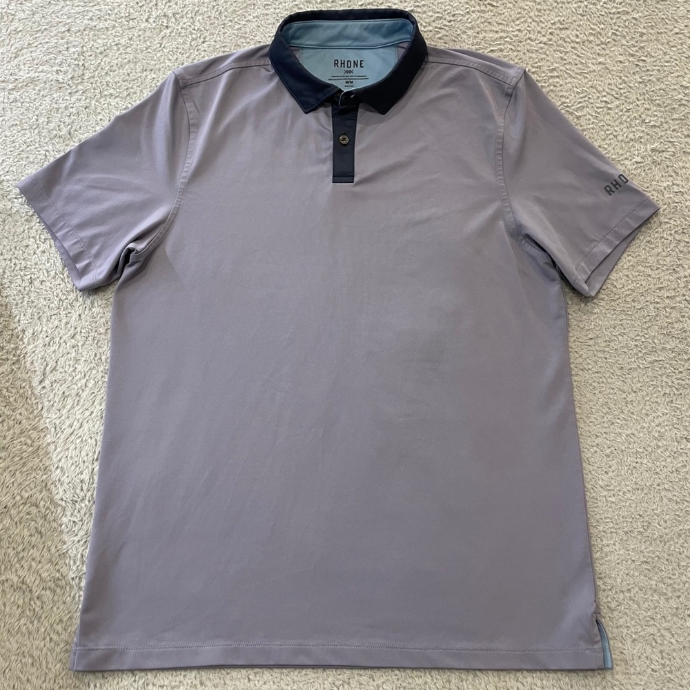 Rhone Golf Sport Polo Shirt Mens Medium Purple Navy Contrast Collar Performance